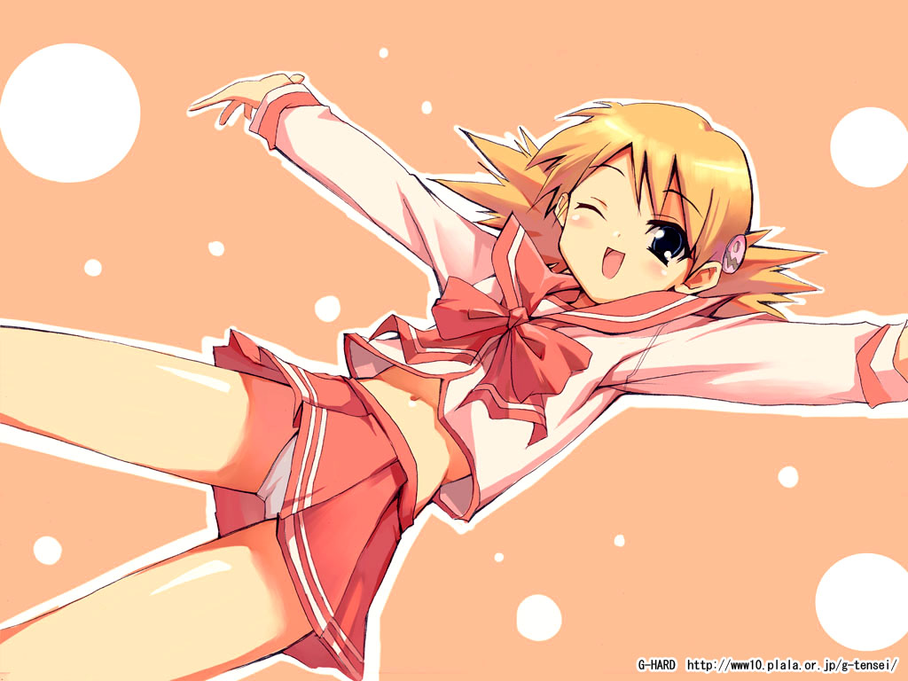 shihira tatsuya, sasamori karin, to heart (series), to heart 2, 00s, 1girl, ;d, blonde hair, blue eyes, female focus, hair ornament, long sleeves, navel, one eye closed, open mouth, outline, panties, pantyshot, pleated skirt, school uniform, serafuku, skirt, smile, solo, underwear, upskirt, watermark, web address, white panties, wink