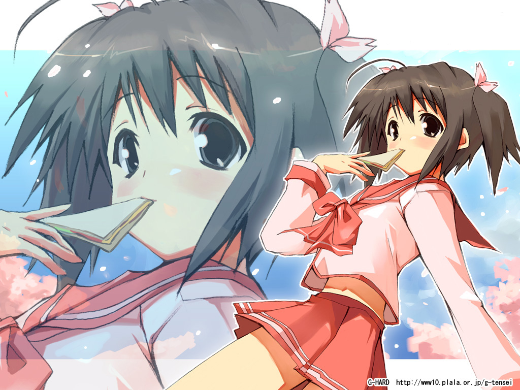 shihira tatsuya, yuzuhara konomi, to heart (series), to heart 2, 00s, 1girl, ahoge, blush, bow, bowtie, brown eyes, brown hair, cherry blossoms, eating, female focus, food, hand up, long sleeves, looking at viewer, mouth hold, outline, petals, pink bow, pink bowtie, pink sailor collar, pink skirt, pleated skirt, sailor collar, sandwich, school uniform, serafuku, skirt, solo, twintails, watermark, web address, white outline, zoom layer