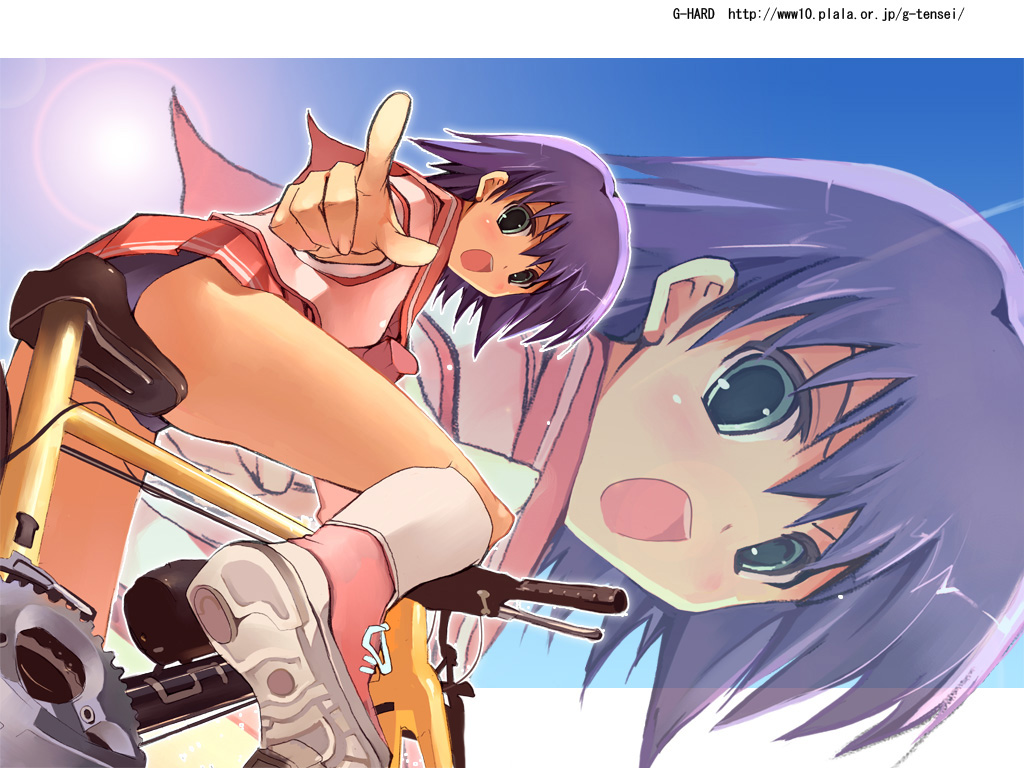shihira tatsuya, tonami yuma, to heart (series), to heart 2, 00s, 1girl, bicycle, black panties, female focus, green eyes, open mouth, outstretched arm, panties, pantyshot, pointing, purple hair, school uniform, skirt, solo, underwear, upskirt, watermark, web address, zoom layer