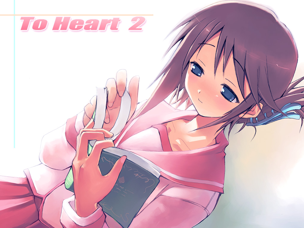 shihira tatsuya, komaki manaka, to heart (series), to heart 2, 00s, 1girl, blue eyes, book, copyright name, dutch angle, female focus, folded ponytail, hair ornament, hairclip, holding, holding book, long sleeves, open book, pleated skirt, purple hair, reading, school uniform, serafuku, skirt, smile, solo