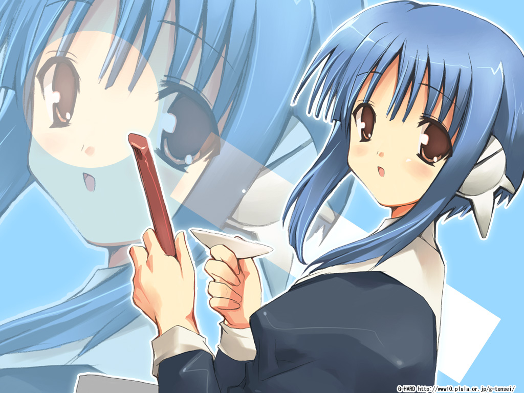 shihira tatsuya, ilfa (to heart), to heart (series), to heart 2, 00s, 1girl, blue hair, blush, brown eyes, female focus, holding, long sleeves, looking at viewer, open mouth, outline, robot ears, short hair with long locks, solo, watermark, web address, zoom layer