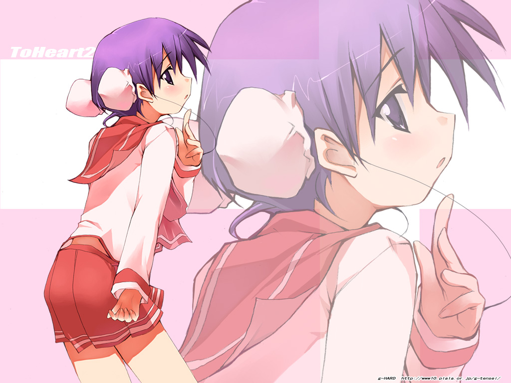 shihira tatsuya, himeyuri ruri, to heart (series), to heart 2, 00s, 1girl, copyright name, double bun, female focus, hair bun, long sleeves, pleated skirt, purple eyes, purple hair, school uniform, serafuku, skirt, solo, watermark, web address, zoom layer
