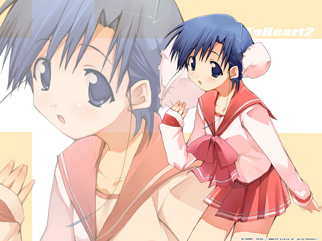 shihira tatsuya, himeyuri sango, to heart (series), to heart 2, 00s, 1girl, blue eyes, blue hair, copyright name, female focus, hat, long sleeves, matching hair/eyes, mob cap, pleated skirt, school uniform, serafuku, skirt, solo, striped clothes, striped skirt, watermark, web address, white hat, zoom layer