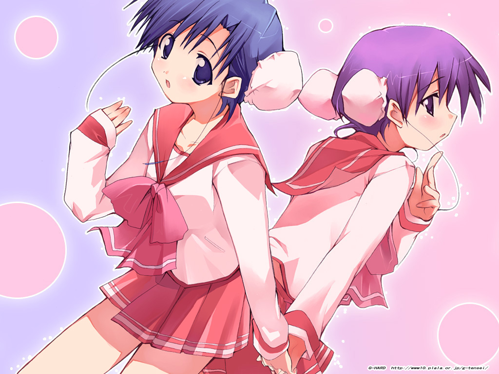 shihira tatsuya, himeyuri ruri, himeyuri sango, to heart (series), to heart 2, 00s, 2girls, blue eyes, blue hair, blush, bun cover, double bun, hair bun, holding hands, long sleeves, looking at viewer, multiple girls, pleated skirt, purple eyes, purple hair, school uniform, serafuku, siblings, sisters, skirt, twins, watermark, web address