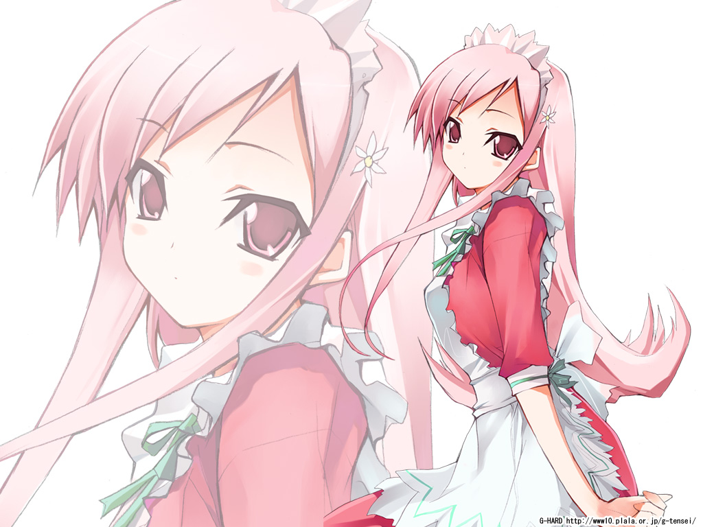 shihira tatsuya, lucy maria misora, to heart (series), to heart 2, 00s, 1girl, female focus, hair ornament, hairpin, long hair, maid, maid headdress, pink eyes, pink hair, solo, watermark, web address, zoom layer