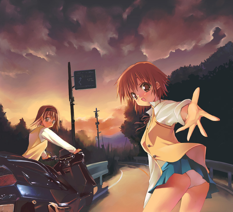 shihira tatsuya, original, vehicle, 2girls, :d, bicycle, brown eyes, brown hair, cloud, glasses, hairband, long sleeves, motor vehicle, motorcycle, multiple girls, open mouth, outdoors, outstretched arm, outstretched hand, panties, pleated skirt, reaching, red hair, school uniform, serafuku, sign, skirt, sky, smile, sweater, sweater vest, underwear, vest, white panties