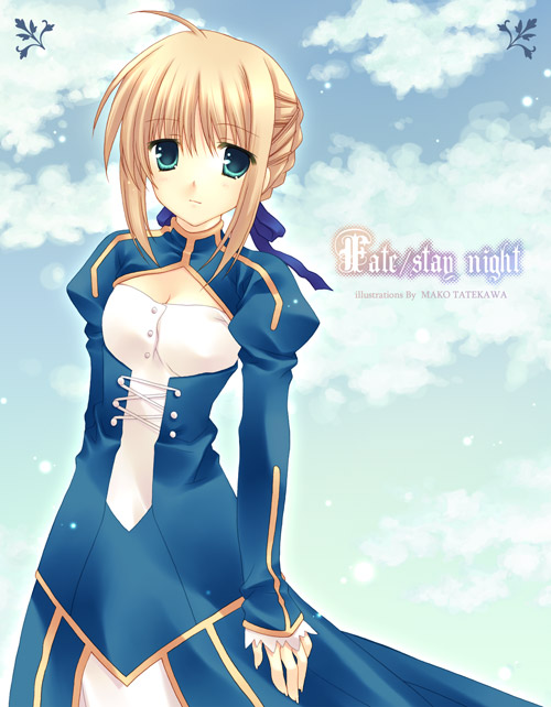 wnb mark, artoria pendragon (fate), saber (fate), fate/stay night, fate (series), 00s, 1girl, ahoge, artist name, blonde hair, cleavage cutout, clothing cutout, copyright name, female focus, green eyes, long sleeves, solo, underbust