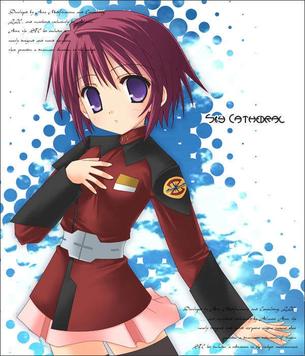 chuujou kagetsu, lunamaria hawke, gundam, gundam seed, gundam seed destiny, 00s, 1girl, belt, black thighhighs, border, collared jacket, double exposure, female focus, hand on own chest, jacket, long sleeves, looking at viewer, military, military uniform, pink skirt, purple eyes, purple hair, red hair, short hair, skirt, solo, text focus, thighhighs, zettai ryouiki