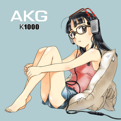 ootsuka mahiro, akg, headphone + musume, original, lowres, 1girl, bare legs, bare shoulders, barefoot, black hair, blue background, brown eyes, copyright name, cushion, feet, female focus, full body, glasses, headphones, hugging own legs, legs together, pillow, plantar flexion, shorts, simple background, sitting, solo