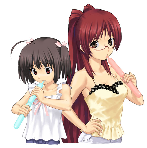 takenashi eri, kousaka tamaki, yuzuhara konomi, to heart (series), to heart 2, 00s, 2girls, ahoge, armpits, black hair, bow, breasts, brown eyes, camisole, casual, cleavage, clenched teeth, drinking, flat chest, glasses, hair ribbon, hand on own hip, lace, long hair, medium breasts, multiple girls, red eyes, red hair, ribbon, short hair, short twintails, simple background, teeth, tupet, twintails, very long hair, white background, yellow eyes