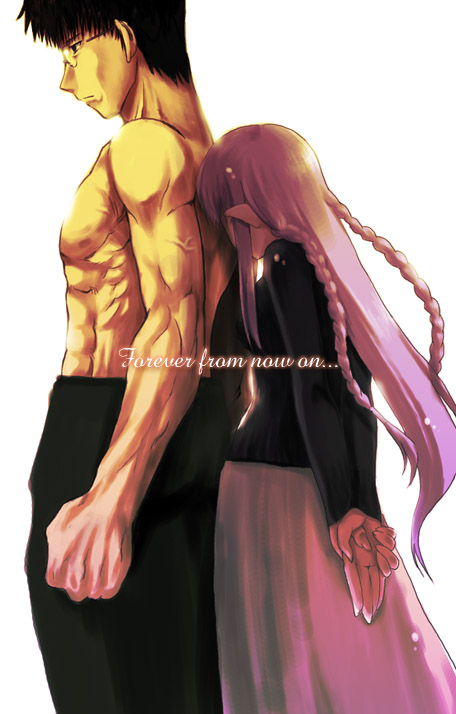 sakura nitouhei, kuzuki souichirou, medea (caster) (fate), medea (fate), fate/stay night, fate (series), 00s, 1boy, 1girl, abs, arms behind back, black hair, braid, couple, glasses, head rest, height difference, hetero, long hair, long skirt, long sleeves, muscular, pointy ears, purple hair, size difference, skirt, topless male, twin braids, twintails, veins