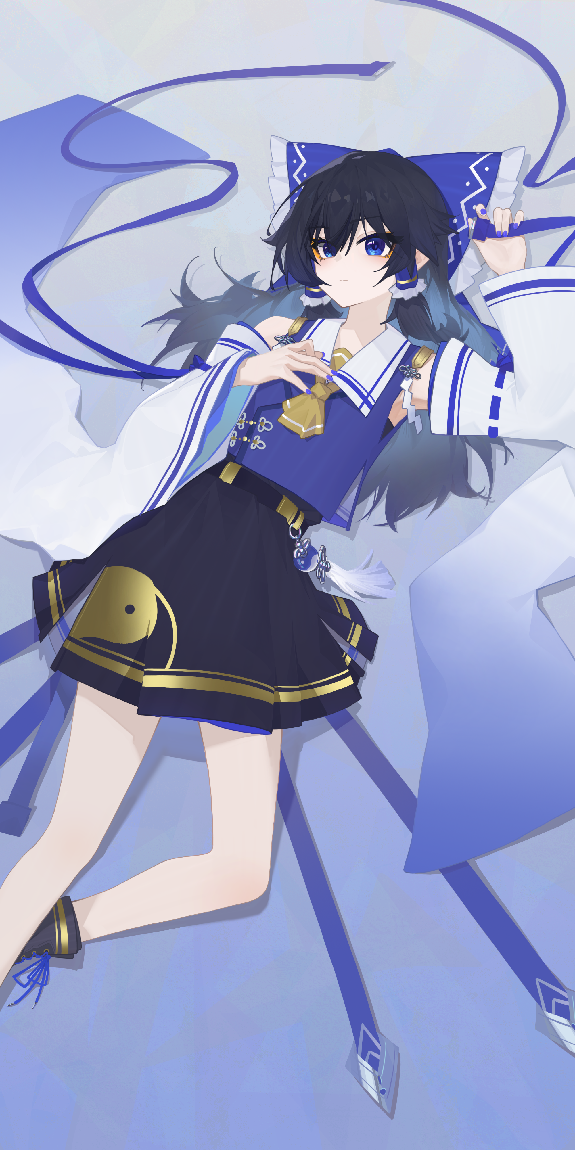 toast13, hakurei reimu, touhou, absurdres, commentary, highres, 1girl, adapted costume, alternate color, ascot, black boots, black hair, black skirt, blue bow, blue eyes, boots, bow, closed mouth, detached sleeves, frilled bow, frilled hair tubes, frills, hair bow, hair tubes, long hair, looking at viewer, purple nails, ribbon-trimmed sleeves, ribbon trim, skirt, solo, yellow ascot, yin yang, yin yang print