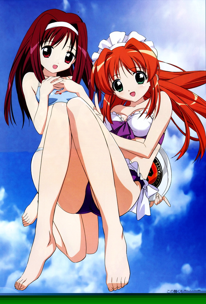 takamura kazuhiro, akari (kono minikuku mo utsukushii sekai), akari (konomini), hikari (kono minikuku mo utsukushii sekai), hikari (konomini), kono minikuku mo utsukushii sekai, 2girls, :d, barefoot, bikini, breasts, cloud, day, green eyes, hairband, konomini, maid, maid bikini, maid headdress, multiple girls, open mouth, red eyes, red hair, sky, smile, swimsuit, unconventional maid