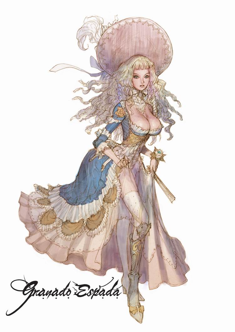 warlock (granado espada), granado espada, original, 1girl, areola slip, blonde hair, blunt bangs, boots, bow, breasts, cleavage, copyright name, corset, curly hair, detached collar, dress, female focus, fishnets, flower, folding fan, frilled dress, frills, full body, gown, green eyes, hand fan, hat, high heel boots, high heels, holding, large breasts, lingerie, long hair, looking at viewer, mole, mole under mouth, nipples, parted lips, see-through clothes, simple background, sketch, skirt hold, solo, standing, thighhighs, underwear, victorian, white background, white thighhighs, zettai ryouiki