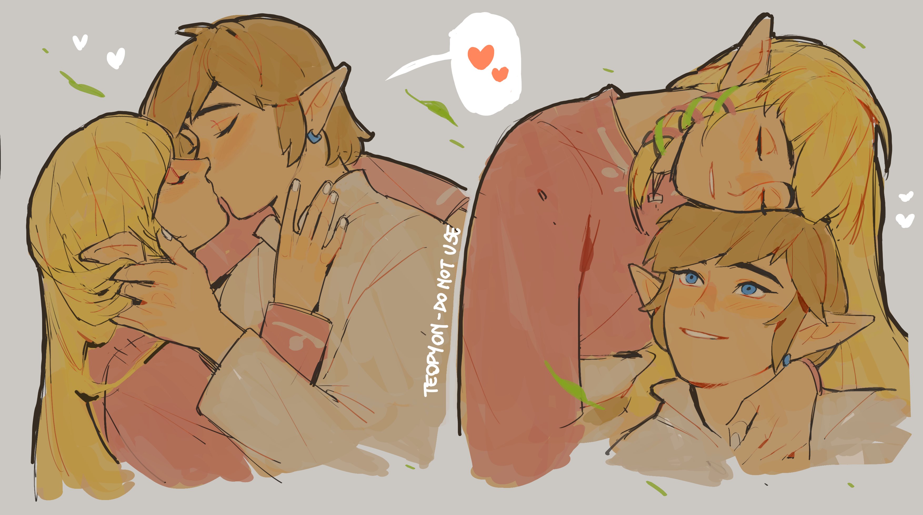 pyonteo, link, princess zelda, nintendo, the legend of zelda, the legend of zelda: skyward sword, absurdres, highres, 1boy, 1girl, arm around neck, artist name, blonde hair, blue eyes, blunt bangs, blush, closed eyes, couple, earrings, green ribbon, grey background, hair ribbon, hand in another's hair, hand on another's neck, heart, hetero, jewelry, kiss, long hair, parted lips, pink ribbon, pink shirt, pointy ears, ribbon, shirt, short hair, sidelocks, smile, spoken heart, upper body, white shirt