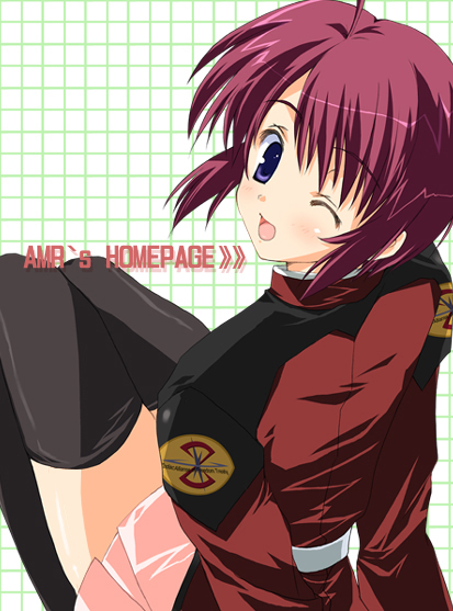 ikegami akane, lunamaria hawke, gundam, gundam seed, gundam seed destiny, 00s, 1girl, ;d, black thighhighs, female focus, long sleeves, looking back, miniskirt, one eye closed, open mouth, pink skirt, purple eyes, red hair, skirt, smile, solo, thighhighs, wink, zettai ryouiki
