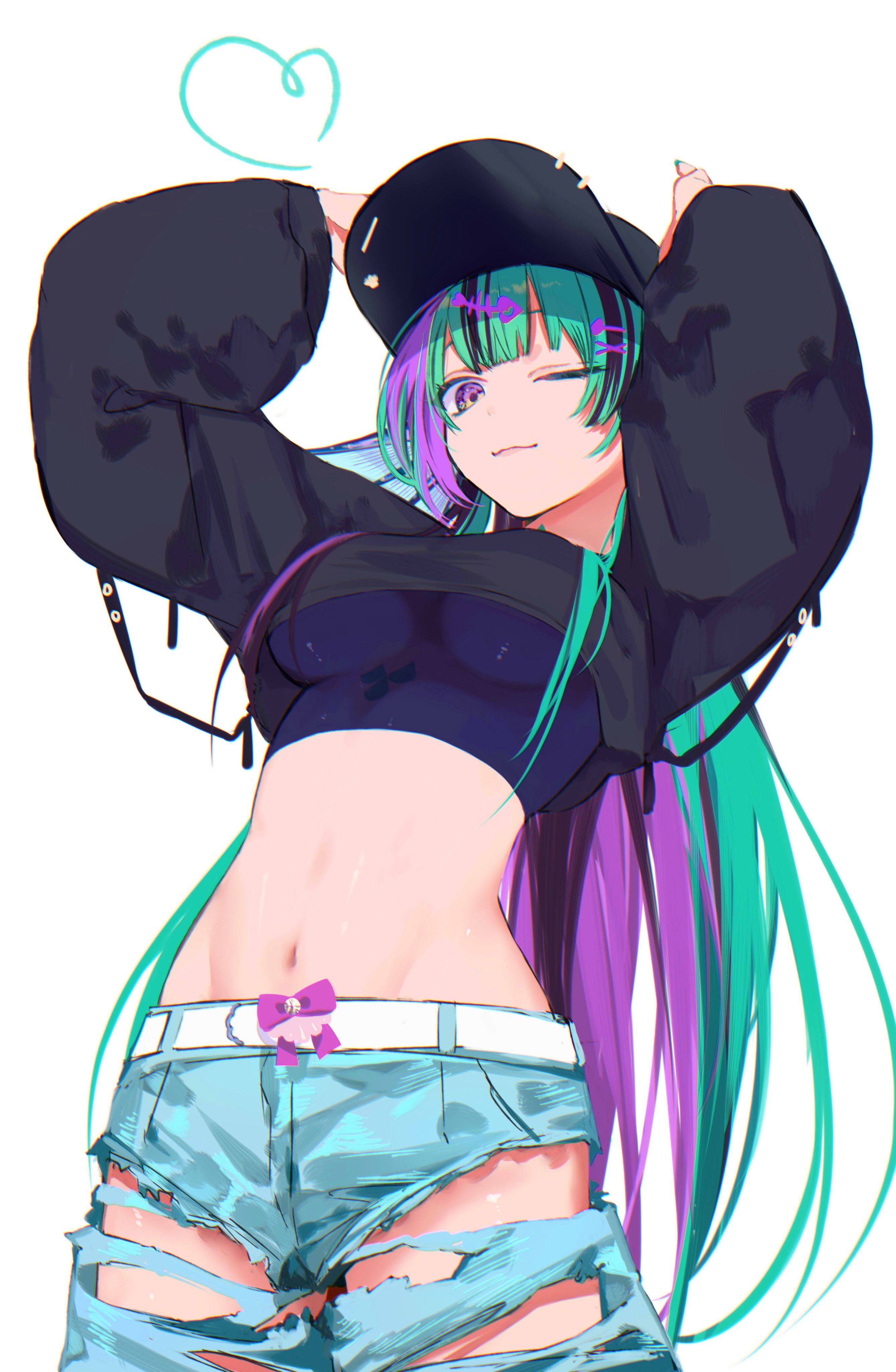 lion iscat, finana ryugu, nijisanji, nijisanji en, absurdres, commentary, english commentary, highres, 1girl, :3, aqua hair, arms up, baseball cap, black hair, breasts, cowboy shot, crop top, fins, fish skeleton hair ornament, hat, head fins, heart, linea alba, long hair, looking at viewer, medium breasts, multicolored hair, navel, one eye closed, pants, purple eyes, purple hair, simple background, solo, streaked hair, streetwear, torn clothes, torn pants, very long hair, virtual youtuber, white background