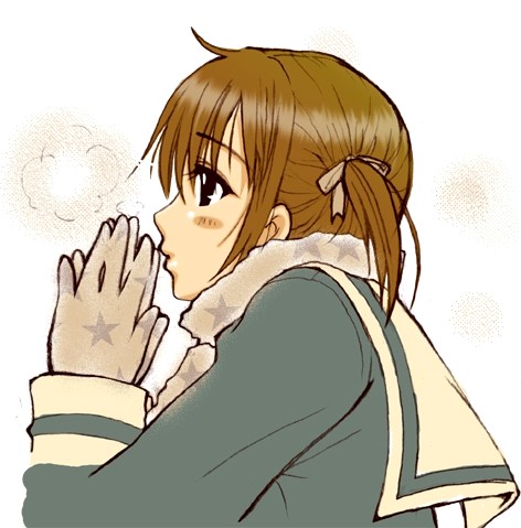 fukuzawa yumi, maria-sama ga miteru, lowres, 00s, 1girl, blush stickers, breath, breathing on hands, brown hair, female focus, gloves, long sleeves, scarf, simple background, solo, star (symbol), white background