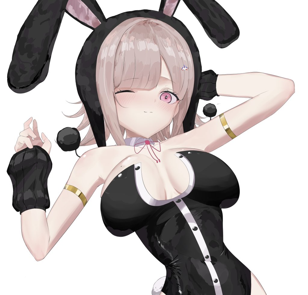 phare (spring ha1ru), nanami chiaki, danganronpa (series), danganronpa 2: goodbye despair, 1girl, animal ears, bare shoulders, black leotard, blush, breasts, fake animal ears, fake tail, large breasts, leotard, medium hair, one eye closed, pink hair, playboy bunny, purple eyes, rabbit ears, rabbit tail, simple background, solo, strapless, strapless leotard, tail, upper body, white background