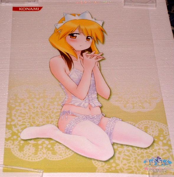 ditama bow, andou minawa, mahoromatic, photo (medium), 1girl, blonde hair, feet, female focus, flat chest, frilled thighhighs, frills, legs, lingerie, maid headdress, navel, panties, side-tie panties, sitting, solo, thighhighs, torsolette, underwear, underwear only, wariza, white panties, white thighhighs, yellow eyes