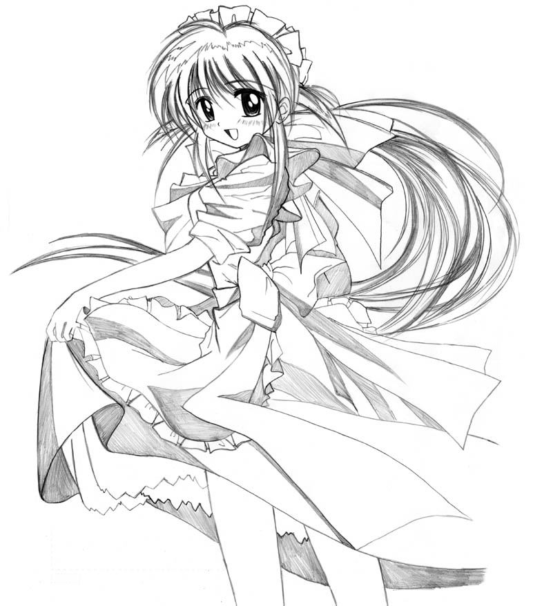 andou mahoro, mahoromatic, traditional media, 1girl, apron, bow, female focus, greyscale, hair bow, long hair, maid, maid apron, maid headdress, monochrome, ponytail, sketch, smile, solo
