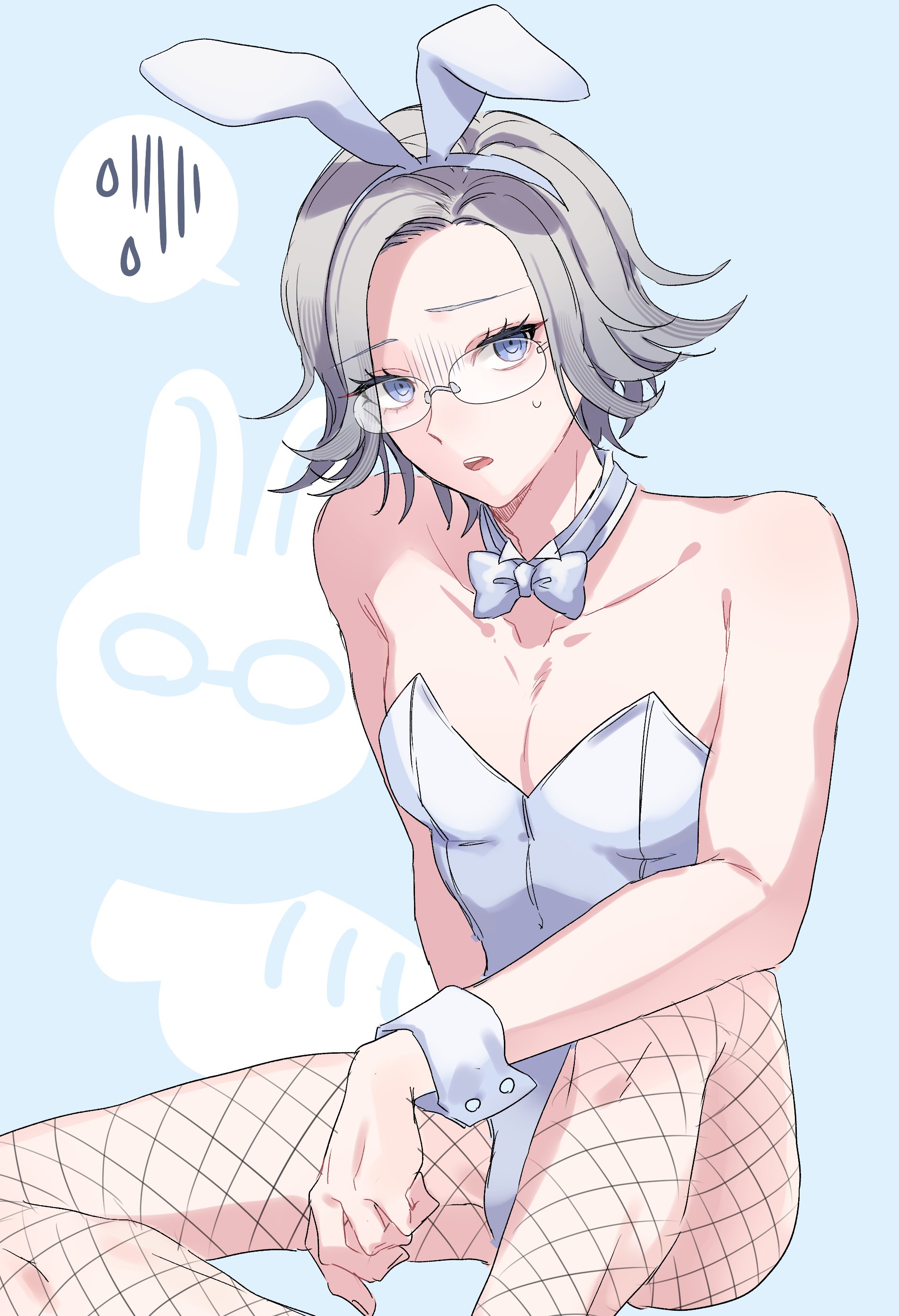 aotsuki eito, the hundred line -last defense academy-, absurdres, commentary request, highres, 1boy, animal ear hairband, animal ears, blue background, bow, bowtie, bunny day, carrot, crossdressing, crossdressing (mtf), detached collar, fake animal ears, glasses, grey eyes, grey hair, hairband, hugen yugen, leotard, looking at viewer, male focus, male playboy bunny, open mouth, rabbit, rabbit ears, short hair, simple background, small sweatdrop, solo, speech bubble, strapless, strapless leotard, white bow, white bowtie, white leotard, wrist cuffs