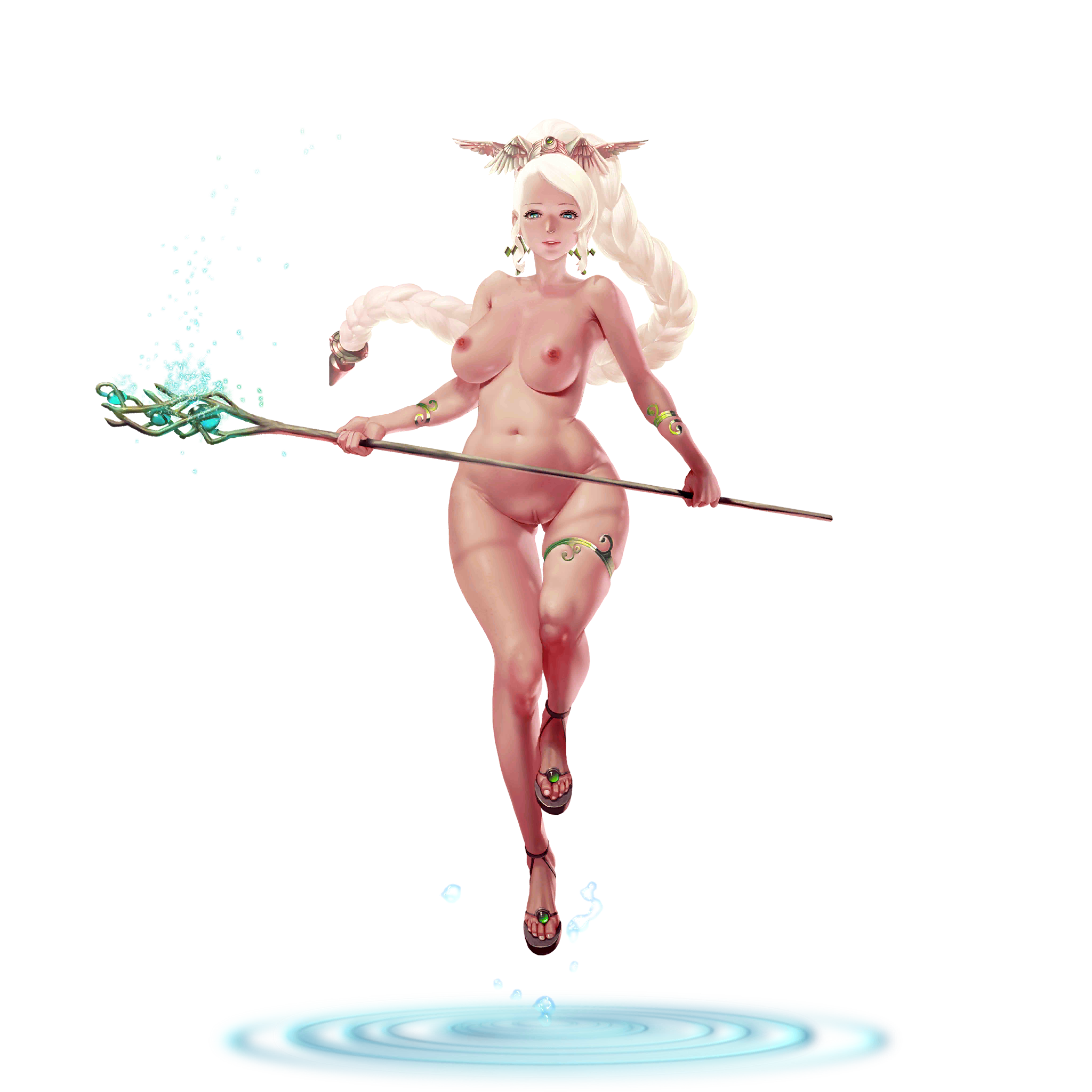 crystal maiden (series), artist request, game cg, highres, official art, variant set, 1girl, anastasia (crystal maidens), blue eyes, braid, breasts, completely nude, earrings, floating, full body, groin, hair ornament, holding, holding staff, jewelry, long hair, magic, navel, nipples, nude, open mouth, pussy, sandals, solo, staff, transparent background, water drop, white hair, wing hair ornament