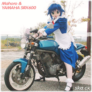 natsuki (ska), andou mahoro, mahoromatic, yamaha, vehicle, cosplay photo, lowres, photo (medium), 1boy, alternate costume, androgynous, animegao, black shoes, blue eyes, blue hair, character name, cosplay, crossdressing, crossdressing (mtf), enmaided, kigurumi, long sleeves, maid, maid headdress, male focus, male maid, matching hair/eyes, motor vehicle, motorcycle, shoes, solo, trap, watermark, web address, zentai