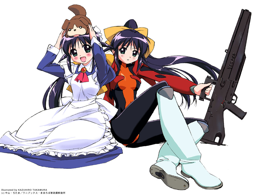 takamura kazuhiro, andou mahoro, guri (mahoromatic), mahoromatic, 2girls, :d, animal, animal on head, black bodysuit, blue hair, bodysuit, bow, dog, dual persona, green eyes, gun, holding, long hair, long sleeves, maid, maid headdress, multiple girls, on head, open mouth, orange bodysuit, smile, weapon, white bodysuit, yellow bow
