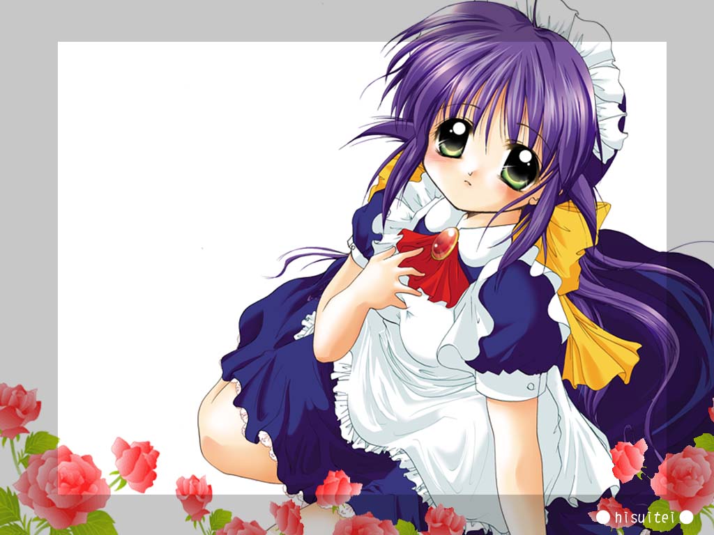 izumi tsubasu, andou mahoro, mahoromatic, 1girl, artist name, blush, border, bow, female focus, flower, green eyes, hand on own chest, long hair, maid, maid headdress, purple hair, solo, yellow bow
