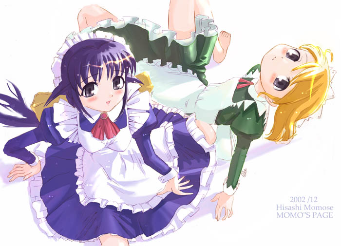 momose hisashi, andou mahoro, andou minawa, mahoromatic, jpeg artifacts, 2girls, artist name, barefoot, blonde hair, blush, circle skirt, dated, long sleeves, maid, maid headdress, multiple girls, open mouth, purple eyes, purple hair, shadow, simple background