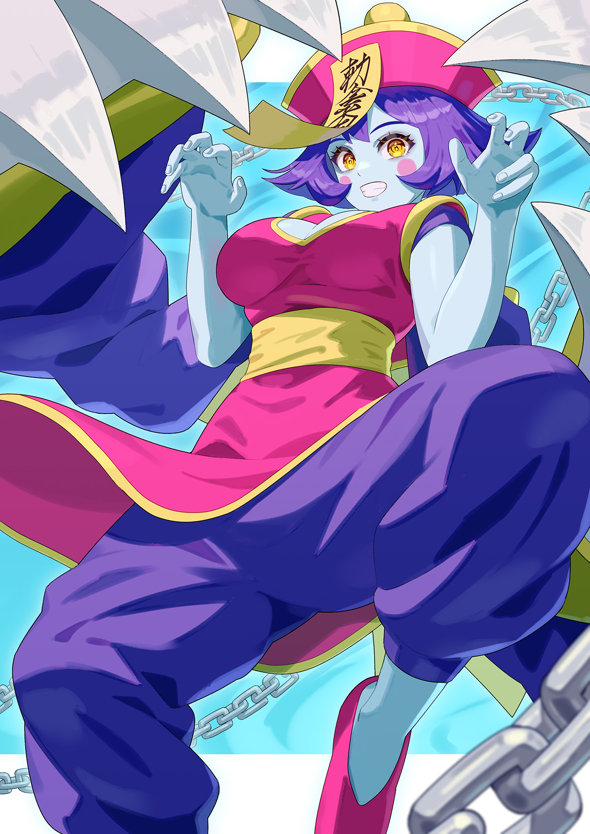 yagi2013, hsien-ko, darkstalkers, highres, 1girl, blue skin, blush stickers, chain, colored skin, dress, hat, jiangshi, medium hair, ofuda, pants, pink dress, pink hat, purple hair, purple pants, solo, yellow eyes, zombie