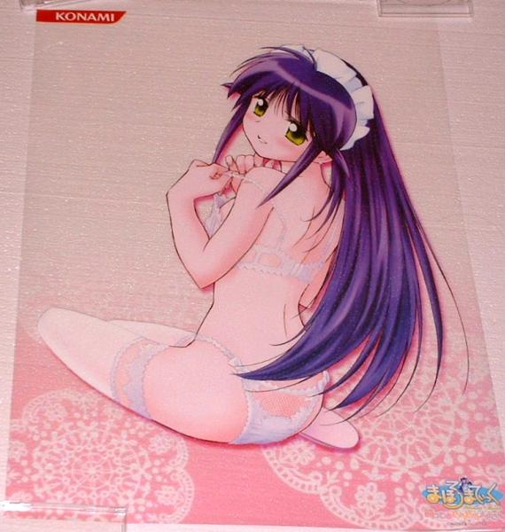 ditama bow, andou mahoro, mahoromatic, lace-trimmed legwear, photo (medium), 1girl, back, blush, bra, breasts, female focus, flat chest, green eyes, lace, lace-trimmed bra, lace-trimmed panties, lace trim, lingerie, long hair, looking back, maid headdress, panties, purple hair, small breasts, smile, solo, strap slip, thighhighs, underwear, underwear only, white bra, white panties, white thighhighs