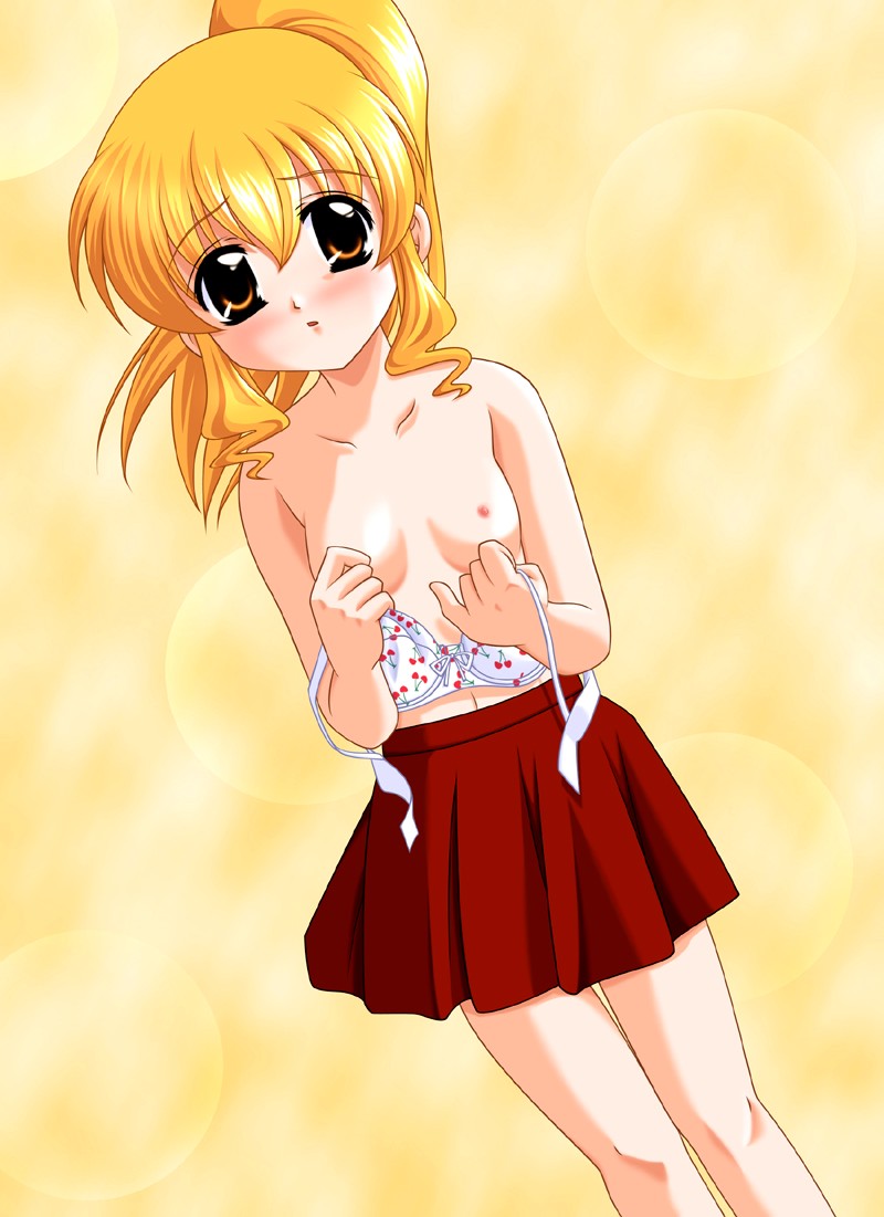 ooe chizuko, mahoromatic, artist request, source request, 1girl, blonde hair, blush, bow, bow bra, bra, bra pull, breasts, brown eyes, clothes pull, dutch angle, female focus, flat chest, holding, lingerie, loli, miniskirt, nipples, pleated skirt, ponytail, print bra, skirt, small breasts, solo, standing, topless female, underwear, white bra