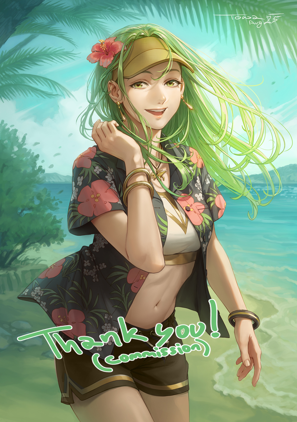 kazuko (towa), syrene (fire emblem), fire emblem, fire emblem: the sacred stones, nintendo, highres, 1girl, alternate costume, beach, bikini, blue sky, bracelet, breasts, brown shorts, bush, cloud, earrings, floral print, flower, green eyes, green hair, hair flower, hair ornament, jewelry, long hair, looking at viewer, medium breasts, navel, necklace, open clothes, open mouth, outdoors, palm tree, shirt, shorts, sky, smile, solo, stomach, swimsuit, teeth, tree, upper teeth only, visor cap, water, white bikini