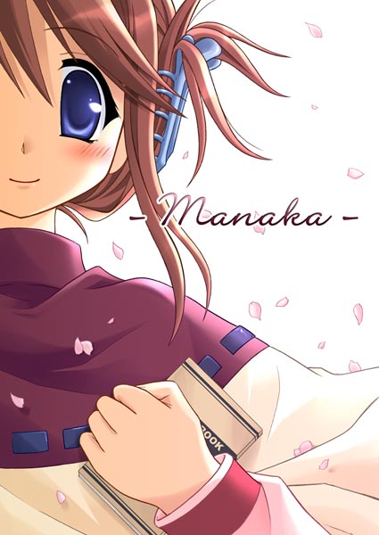 amasawa natsuhisa, komaki manaka, to heart (series), to heart 2, 00s, 1girl, blue eyes, blush, book, character name, claw hair clip, close-up, female focus, folded ponytail, hair between eyes, hair ornament, hairclip, holding, holding book, long sleeves, petals, pink hair, short hair, simple background, smile, solo, white background