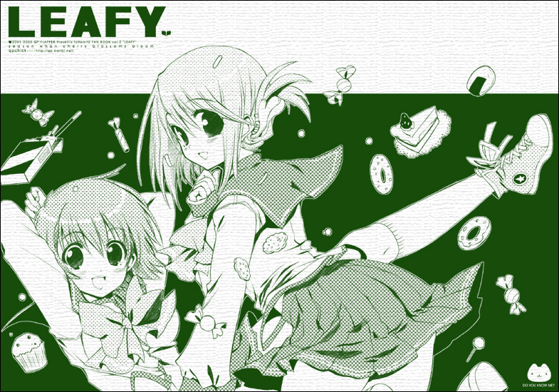 qp:flapper, komaki manaka, tonami yuma, to heart (series), to heart 2, 00s, 2girls, :d, arms up, artist name, blush, bow, cake, cake slice, candy, cookie, copyright name, cupcake, doily, donut, folded ponytail, food, green theme, hair ornament, hairclip, halftone, kneehighs, lollipop, monochrome, muffin, multiple girls, open mouth, pastry, pleated skirt, pocky, school uniform, senbei, serafuku, shoes, short hair, skirt, smile, sneakers, socks, sweets