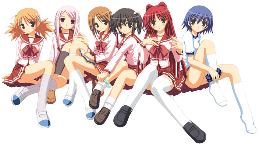 aikawa touma, komaki manaka, kousaka tamaki, lucy maria misora, sasamori karin, tonami yuma, yuzuhara konomi, to heart (series), to heart 2, 00s, 6+girls, black hair, blue eyes, blue hair, brown eyes, brown hair, folded ponytail, gym uniform, kneehighs, legs, long hair, long sleeves, multiple girls, orange hair, panties, panties around leg, pink hair, pleated skirt, purple eyes, red hair, school uniform, serafuku, shoes, short hair, skirt, socks, thighhighs, twintails, underwear, white socks, zettai ryouiki