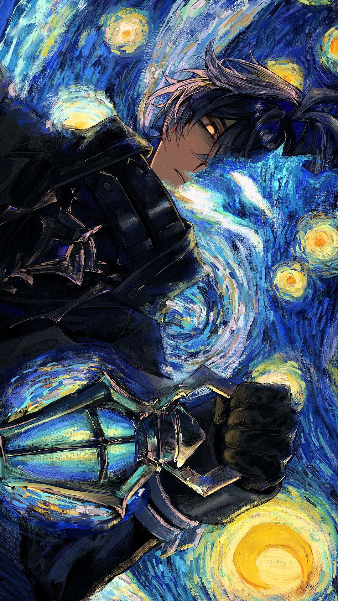 oversleep0503, flins (genshin impact), genshin impact, highres, 1boy, black gloves, blue hair, crescent moon, crossed bangs, empty eyes, gloves, hair between eyes, holding, holding lantern, lantern, long sleeves, looking at viewer, male focus, moon, multicolored hair, orange eyes, parted lips, sideways, solo, starry night (van gogh), upper body