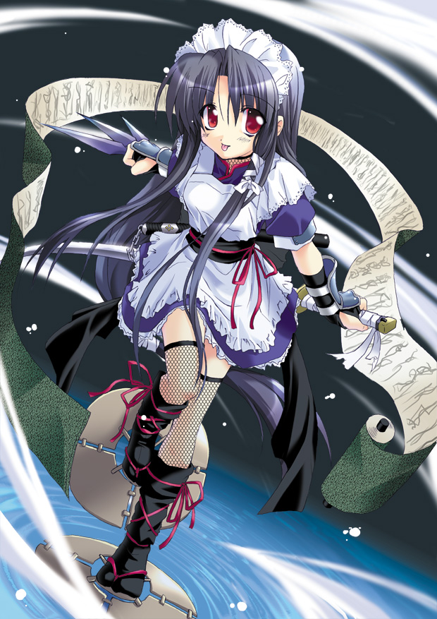 satou kibi, original, 1girl, :p, between fingers, black hair, female focus, fishnet thighhighs, fishnets, hair ribbon, holding, katana, kunai, long hair, maid, maid headdress, mizugumo, ninja, red eyes, ribbon, ripples, scroll, solo, sword, tabi, thighhighs, tongue, tongue out, walking, walking on liquid, water, weapon