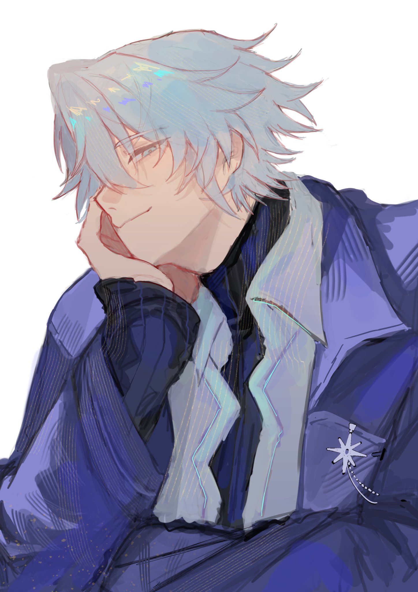 phainon (honkai: star rail), honkai: star rail, honkai (series), highres, 1boy, black sweater, blue eyes, closed mouth, coat, grey hair, hair between eyes, half-closed eyes, head rest, looking at viewer, m min tt, male focus, official alternate costume, open clothes, open coat, open shirt, parted bangs, phainon (luckin coffee) (honkai: star rail), purple coat, shirt, short hair, simple background, smile, solo, sweater, turtleneck, turtleneck sweater, white background, white shirt