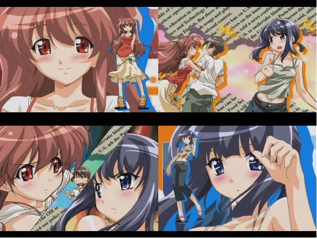 kawahara makoto, kimura manabu, kujou risa, watarai izumi, carnival (game), nextgraduation, anime screenshot, 2girls, arm hug, belt, black hair, blue eyes, blue hair, blush, camisole, close-up, collage, english text, hair ribbon, long hair, midriff, multiple girls, open mouth, pink hair, ponytail, red eyes, ribbon, rivalry, sandals, shirt, shoes, short hair, skirt, smile, t-shirt, text focus