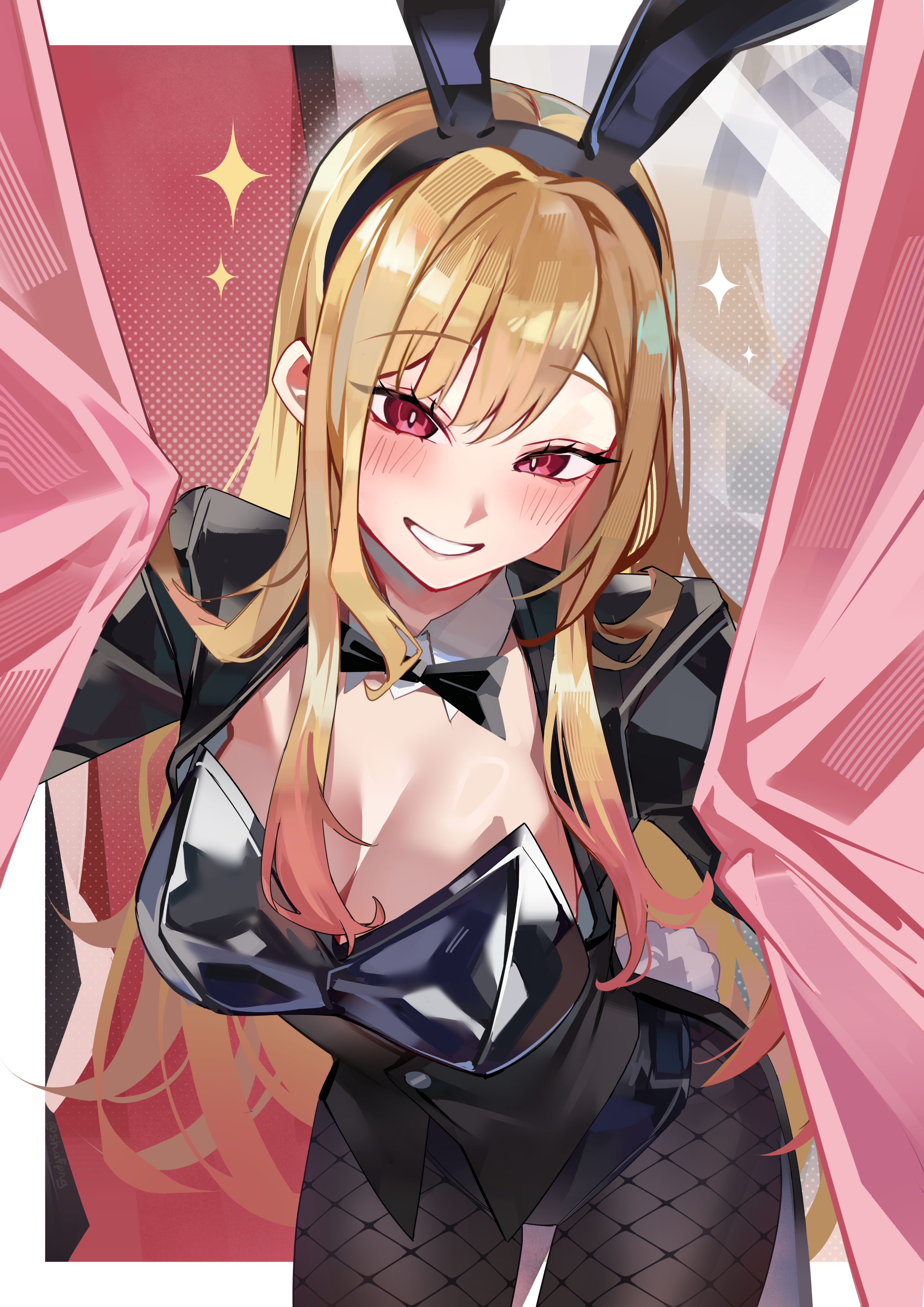 shafpng, kitagawa marin, sono bisque doll wa koi wo suru, absurdres, highres, 1girl, animal ears, black jacket, blonde hair, blush, breasts, cleavage, cowboy shot, curtains, fake animal ears, fake tail, jacket, leotard, long hair, playboy bunny, rabbit ears, rabbit tail, red eyes, solo, tail