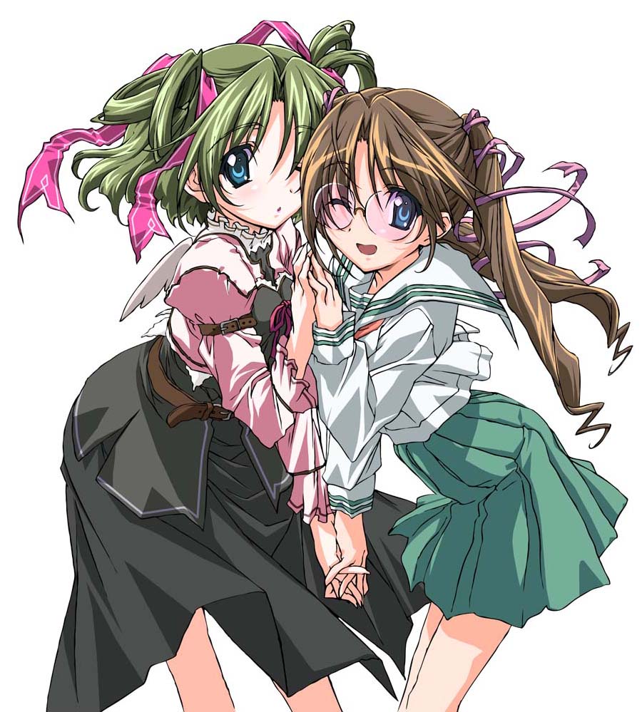 kurashima tomoyasu, shimura mami, shimura moko, graduation (series), nextgraduation, sotsugyou next graduation, jpeg artifacts, 1990s (style), 2girls, ;d, angel wings, belt, blue eyes, blush, brown hair, glasses, green hair, hair ribbon, holding hands, interlocked fingers, leaning forward, long hair, long sleeves, mini wings, multiple girls, one eye closed, open mouth, pink-tinted eyewear, pink-tinted glasses, pleated skirt, retro artstyle, ribbon, school uniform, serafuku, short hair, short twintails, simple background, skirt, smile, strap, sunglasses, tinted eyewear, twintails, white background, wings, wink