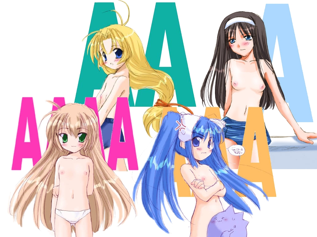kashiwagi hatsune, mizuki saori, sakura (ukagaka), tohno akiha, unyuu, hajimete no orusuban, kizuato, tsukihime, ukagaka, artist request, source request, translation request, 00s, 4girls, :3, = =, anger vein, angry, antenna hair, black hair, blonde hair, blue eyes, blue hair, blush, breasts, brown hair, buruma, censored, clothes pull, convenient censoring, crossed arms, crossover, embarrassed, flat chest, green eyes, hair ribbon, hairband, loli, long hair, looking back, low-tied long hair, multiple girls, navel, nipples, nude, one-piece swimsuit, one-piece swimsuit pull, one-piece tan, panties, ponytail, ribbon, school swimsuit, small breasts, smile, speech bubble, standing, swimsuit, tan, tanline, text focus, topless female, twintails, underwear, underwear only, very long hair, white hairband, white panties