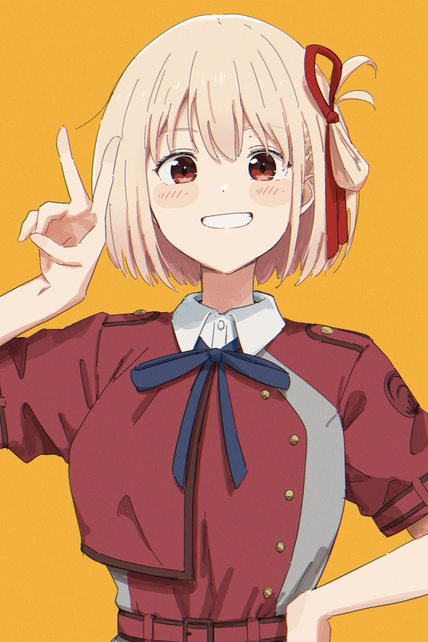 ama (ama ekaku), nishikigi chisato, lycoris recoil, original, highres, blonde hair, dress, hair ribbon, looking at viewer, lycoris uniform, red dress, ribbon, smile, solo, v