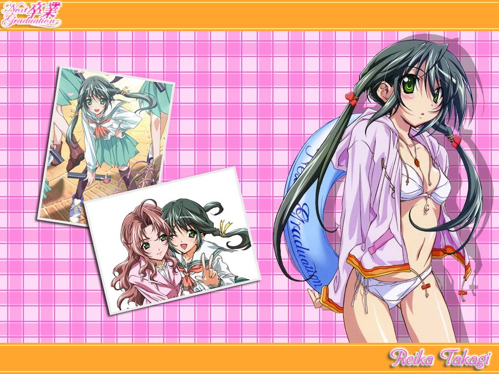 kurashima tomoyasu, reika takagi, takagi reika, takagi reiko, graduation (series), nextgraduation, sotsugyou next graduation, 1990s (style), 2girls, ;d, ahoge, bikini, black hair, black thighhighs, blush, breasts, character name, cleavage, copyright name, green eyes, hair ornament, hair ribbon, hand on own hip, heart, hip focus, hood, hoodie, innertube, jewelry, leaning forward, long hair, long sleeves, multiple girls, necklace, one eye closed, open clothes, open mouth, open shirt, pink hair, retro artstyle, ribbon, school uniform, serafuku, shirt, shoes, side-tie bikini bottom, skirt, small breasts, smile, sneakers, swim ring, swimsuit, thighhighs, twintails, v, very long hair, white bikini, wink, zettai ryouiki