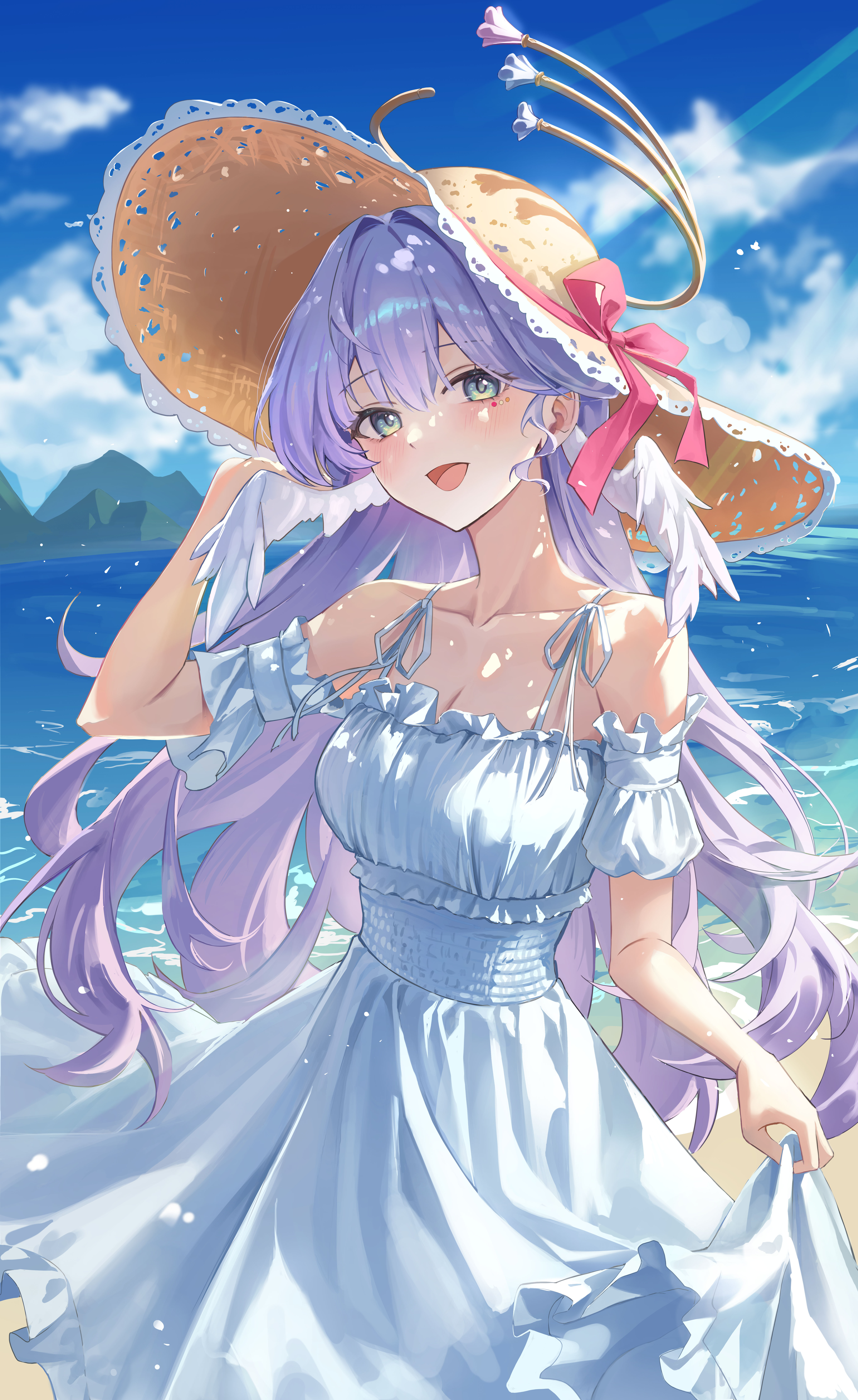 seina 106, robin (honkai: star rail), honkai: star rail, honkai (series), absurdres, highres, 1girl, alternate costume, blue hair, blue sky, blurry, blurry background, breasts, cleavage, detached sleeves, dress, face jewel, floating hair, halo, hand up, hat, head wings, jewel under eye, long hair, ocean, open mouth, outdoors, short sleeves, sky, smile, solo, sun hat, white dress, wings