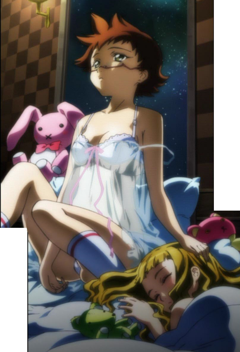 kikukawa yukino, suzushiro haruka, my-hime, anime screenshot, 00s, 2girls, bed, blonde hair, breasts, brown hair, closed eyes, glasses, green eyes, indoors, lingerie, multiple girls, negligee, panties, pantyshot, sitting, sky, sleeping, stuffed animal, stuffed toy, teddy bear, underwear