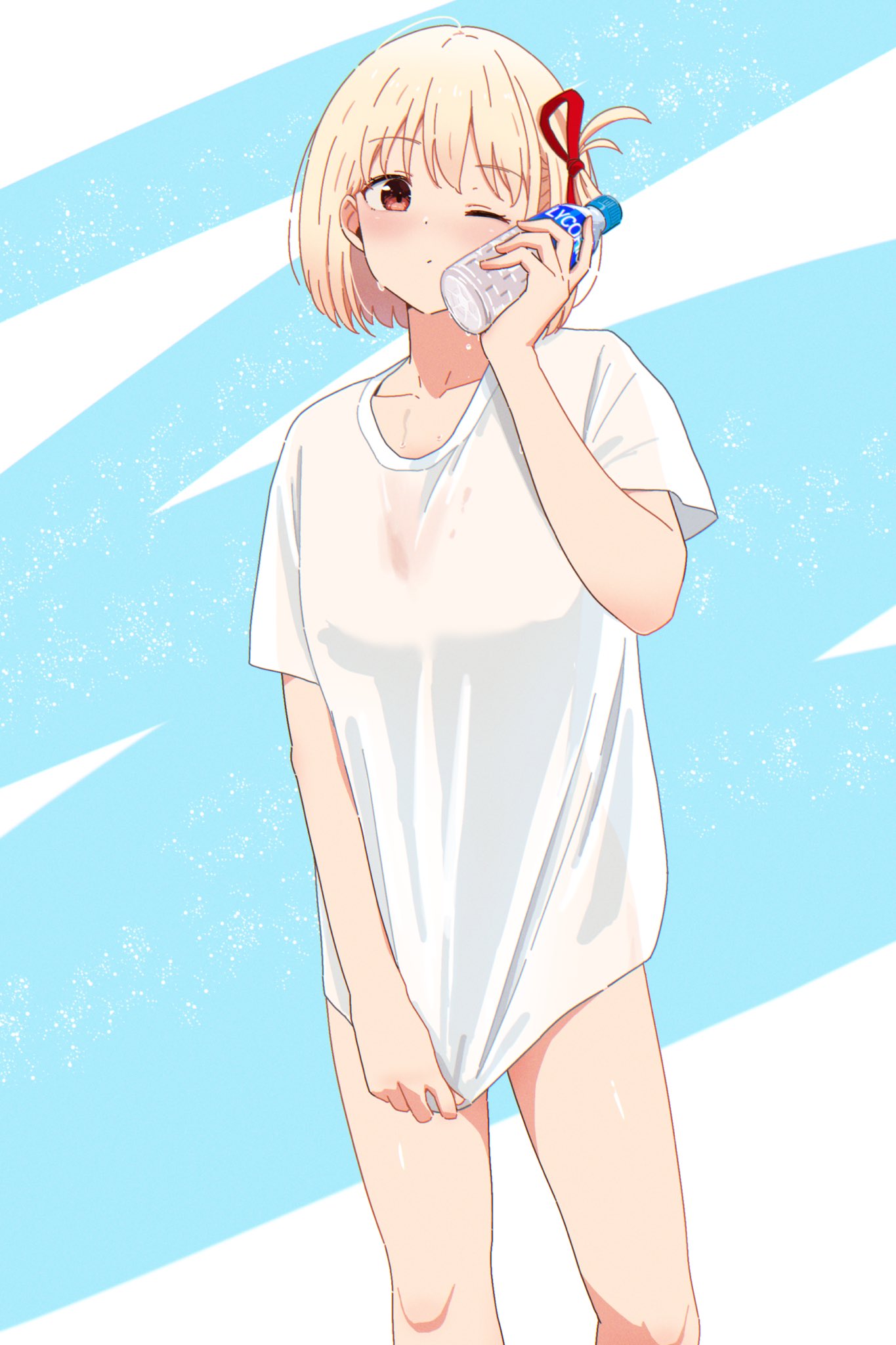 ama (ama ekaku), nishikigi chisato, lycoris recoil, original, highres, blonde hair, bottle, clothes pull, hair ribbon, red ribbon, ribbon, shirt, shirt pull, water bottle, white shirt